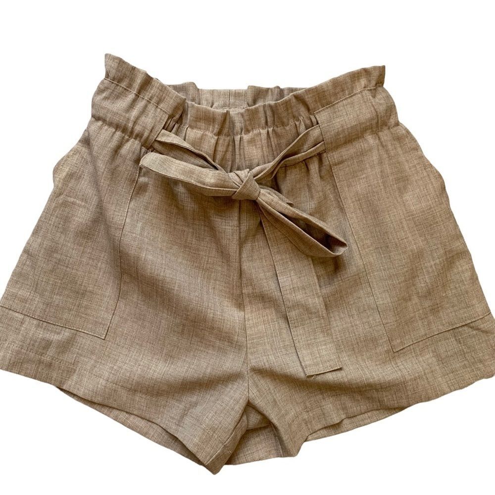 REVAMPED Paperbag Waist Shorts Beige L‎ Womens NEW Tie Front Casual Summer